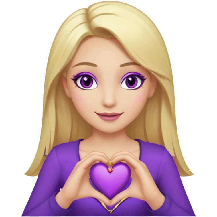 twitch emote, kinda chibi style. blonde hair: long, straight, no bangs. gray eyes. an eyebrow with a slit. purple eyeshadow/eyeliner with gold eyeshadow. only face and arms, hands visible. happy, holding a purple heart. white background. emoji