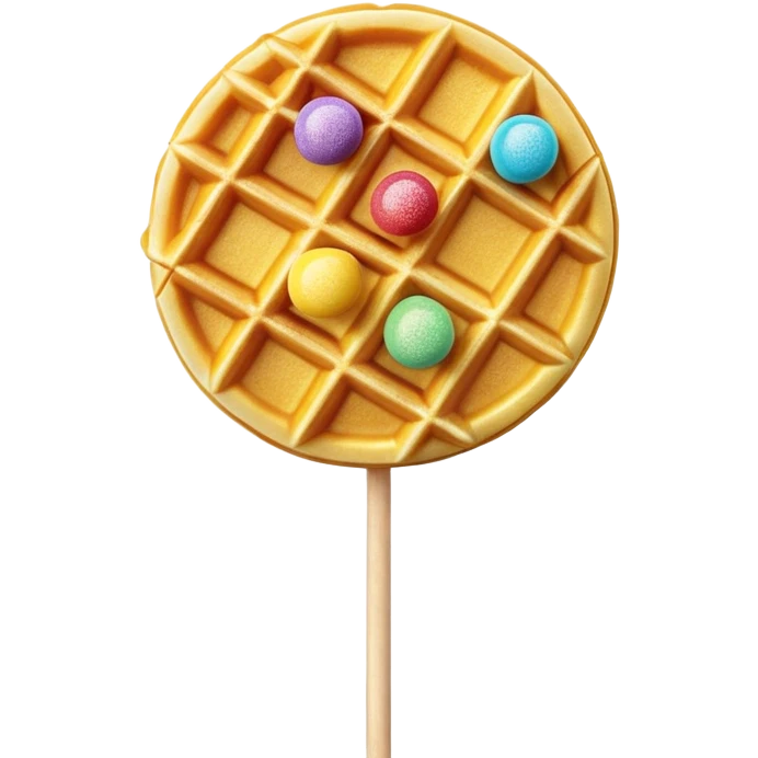 3D rendered Hong Kong egg waffle on stick like lollipop, vibrant golden color with rainbow sprinkles, hyper-realistic bubbled texture, glossy candy finish, fun playful design, detailed textures emoji