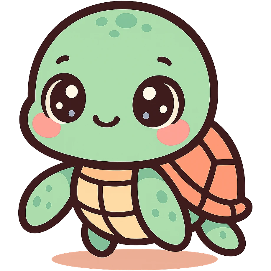 super kawaii chibi baby sea turtle character, soft pastel colors, big sparkling eyes, bolder outline, soft shadow, high contrast, minimal clean layout, PNG, transparent background emoji