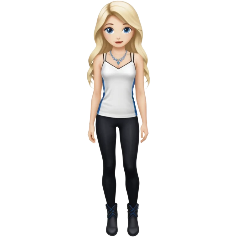 2yk Blonde Beauty model silk balayage long hair herringbone braid women with blue eyes wearing White Spaghetti top and black Leggins and Boots with heels and a Subtle rhinestone necklace  emoji
