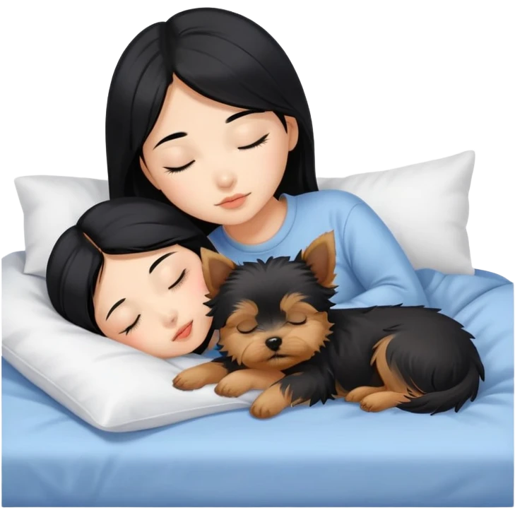 pretty asian girl with black hair sleeping in bed with small yorkshire terrier emoji