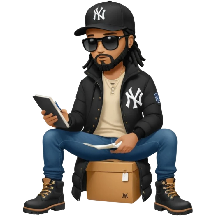 African American man with shoulder length black dreadlocks with black beard wearing black sunglasses wearing a black New York Yankees logo baseball cap wearing a black bubble winter coat wearing denim skinny jeans timberland boots writing a note emoji