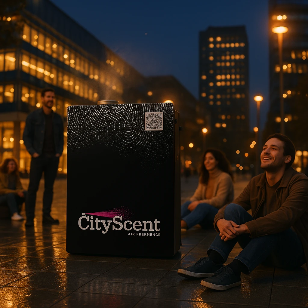 Place this exact CityScent air freshener machine in the middle of a city square at nightfall, with city lights reflecting on the pavement and modern architecture. Show a few people sitting or standing around the machine, looking relaxed and happy, enjoying the scent. The style should be photorealistic, realistic and inviting. emoji