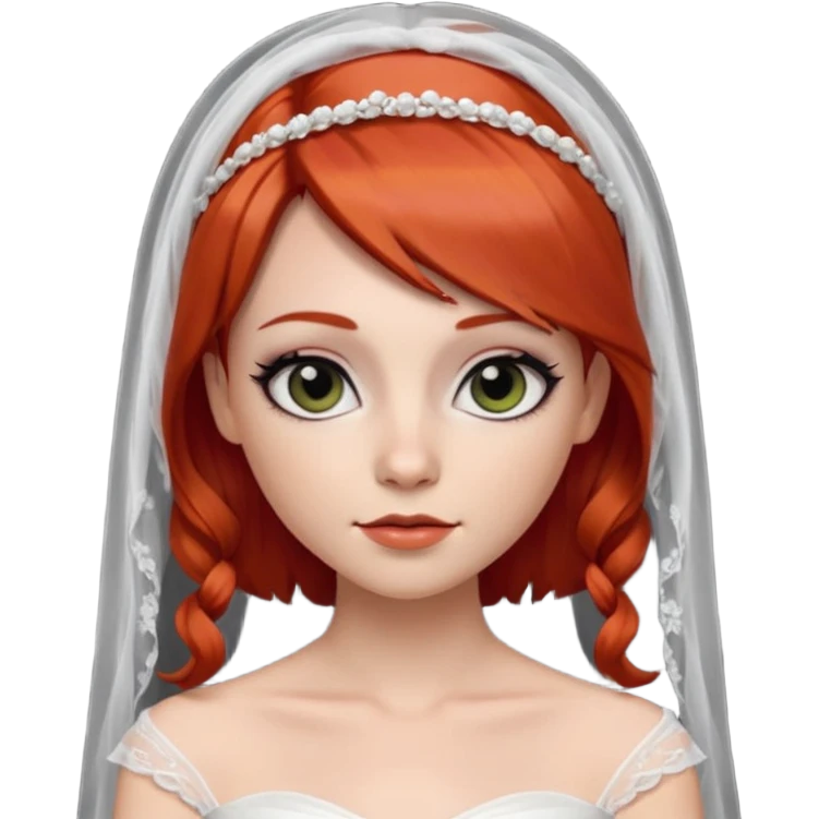 милая девушка невеста, с фатой, рыжими прямыми волосами по плечи, с черными макияжем глаз, тонкими бровями, в стиле Apple avatar emoji