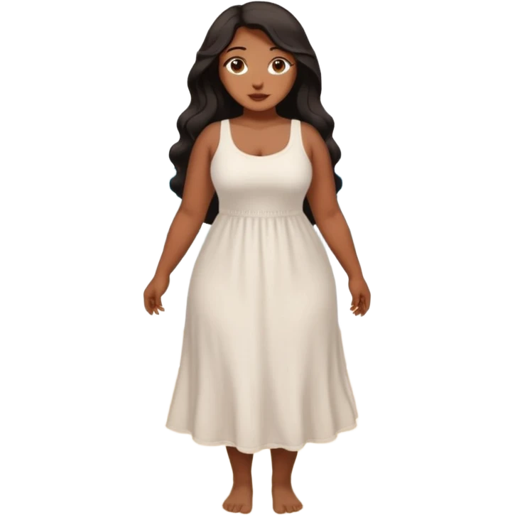 Curvy woman with brown skin with long wavy black hair, brown eyes. She's wearing a white cotton dress standing on a beach emoji