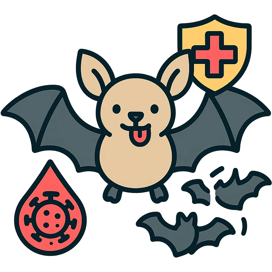 clean and informative icon for Notion representing rabies combat in bats, bat in focus, health symbol like cross or shield, stylized rabies virus or red drop, elements indicating transmission between bats like licking or proximity, highlight color to indicate important information, transparent background emoji