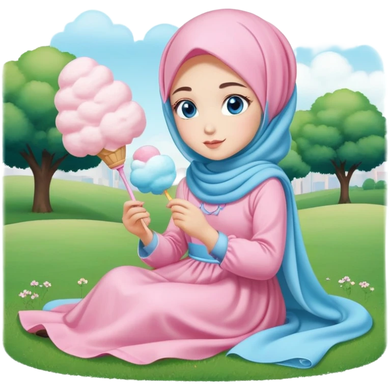 Turkish beautiful finish Konya girl blue eyes with cotton candy hijab long tail dress and sits on the grass on the ground and hold cotton candy on hand  emoji