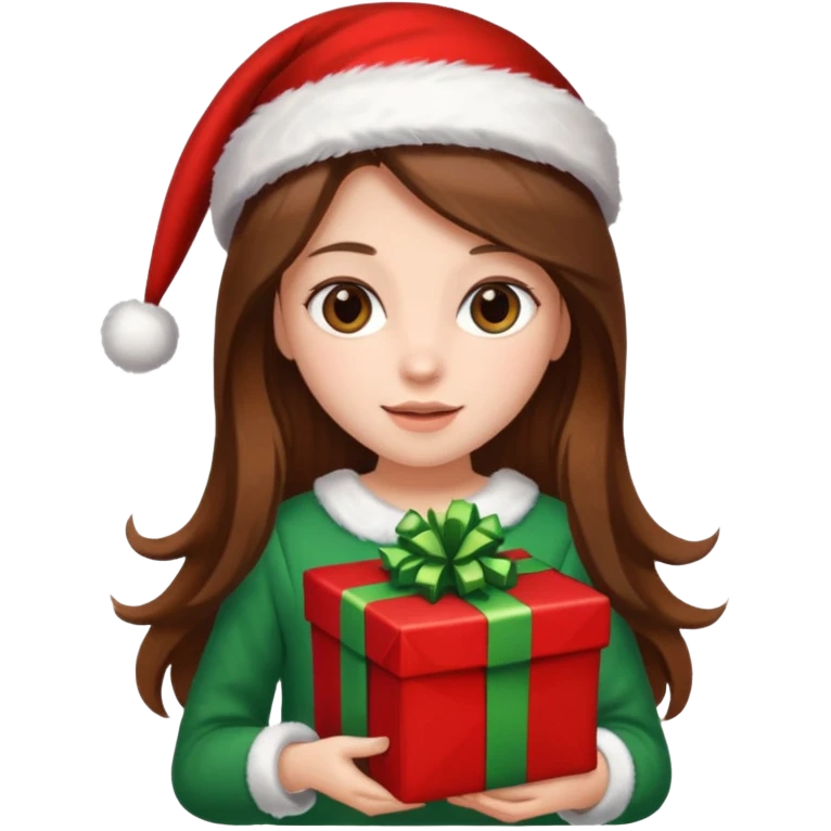 a girl with long brown hair wearing a christmas clothes and holding a gift emoji