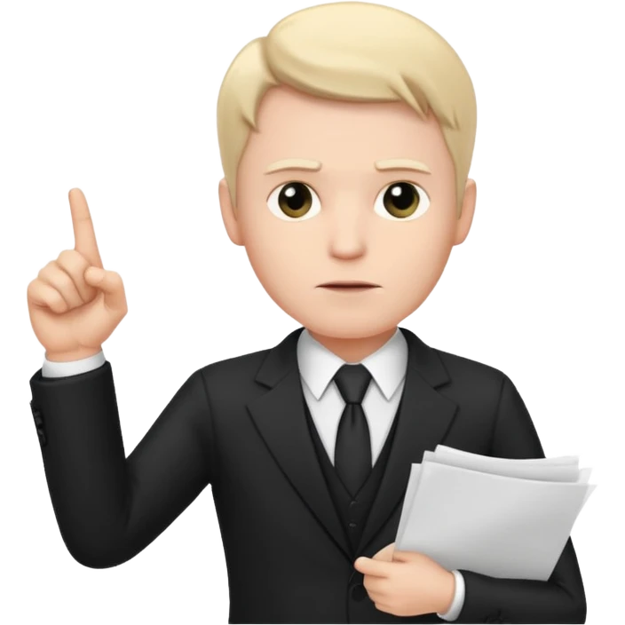 A white man in a black suit stands with a serious face and points at his hand holding papers. emoji