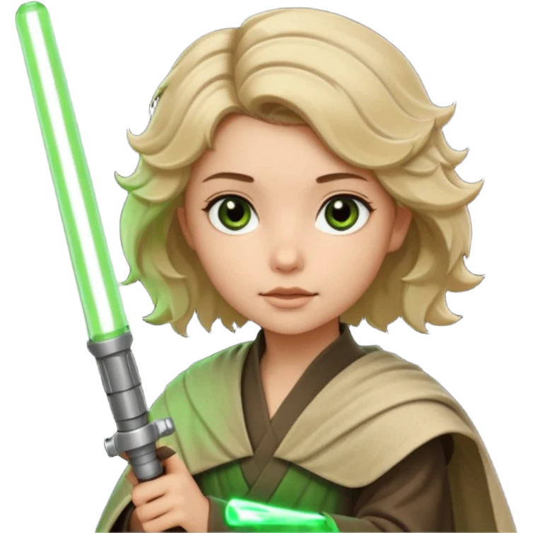 Young jedi with dark brown eyes and sandy blonde wavy short hair holding a green light saber.  emoji