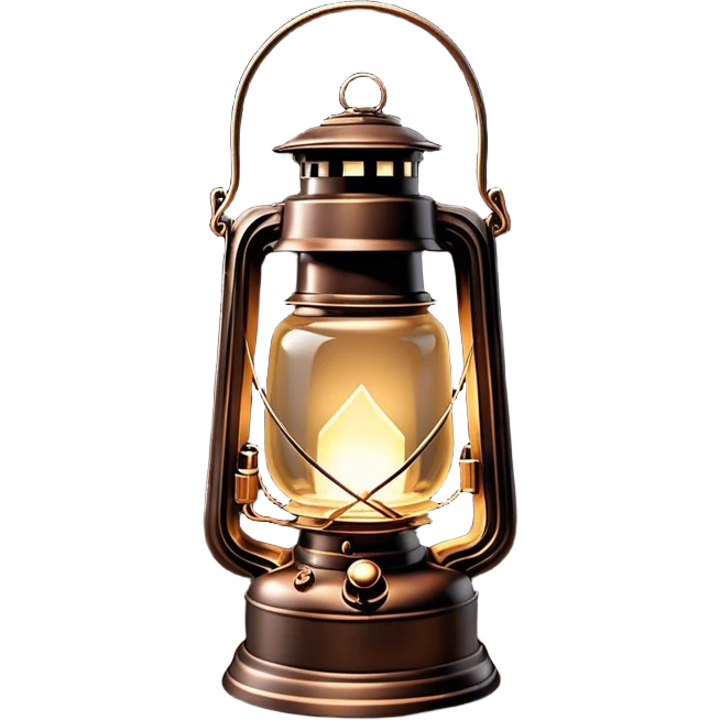 Cinematic Realistic Lantern, an old-fashioned glass lantern with a warm flickering glow, delicate details on the metal handle, softly illuminating the surrounding darkness, glowing with a comforting and nostalgic charm. emoji