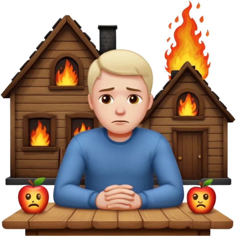 a man sits sadly at a table, a house on fire in the background, apple style emoji emoji