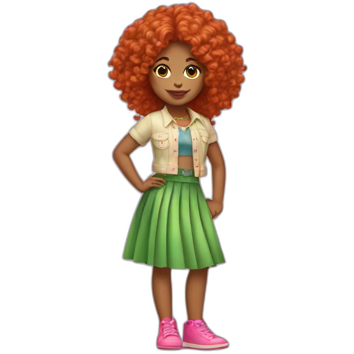 curly red hair girl with green and pink shoes and disco seventies skirt emoji