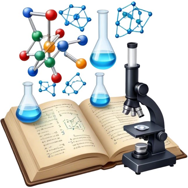 Icon for Scientific and Educational Reading: an open book with mathematical and physical formulas on the pages, with molecules and atoms flying out. On the desk are test tubes, flasks, and a microscope. Transparent background. emoji