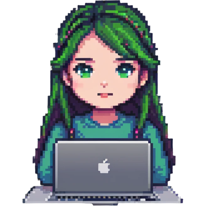 a girl's face working behind a MacBook, pixel art style emoji
