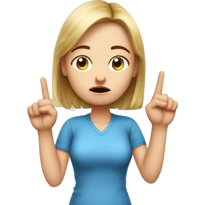 A white girl with an important face brings with two hands with an outstretched index finger to her nose, dissatisfied, two hands showing, blue shirt emoji