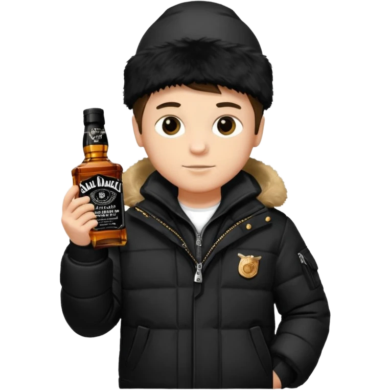 Junge mit Sturmhaube in der Rechten hand eine jacky flasche und schwarze winterjacke mit fell an der mütze 2 meter gross emoji