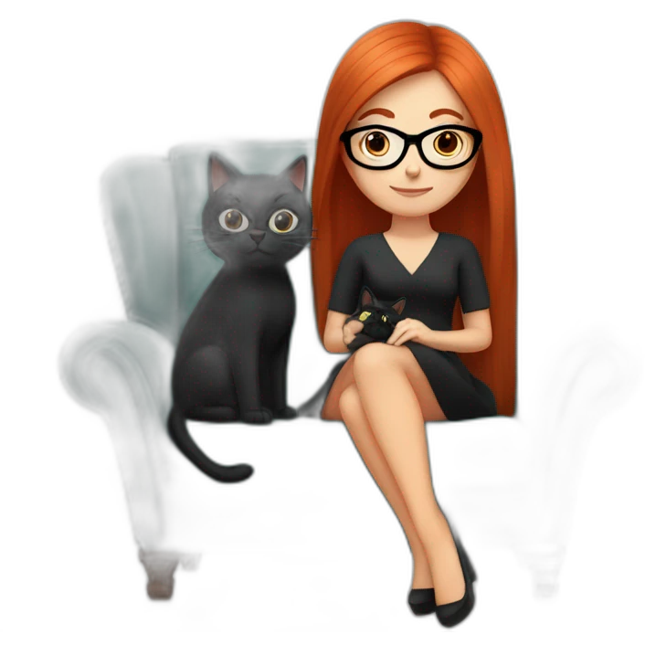 woman with long straight red hair and black-rimmed glasses, in a dress, sitting in an armchair, with a black cat on her lap emoji