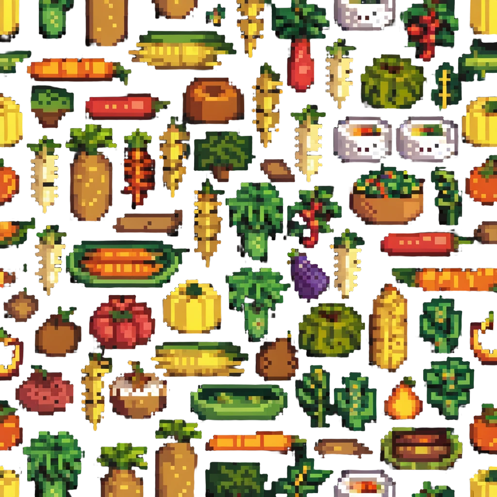 Pixel art of dietary fiber showing whole grains, vegetables, fruits and legumes connected by fiber strands, with an intestine character showing improved digestion emoji