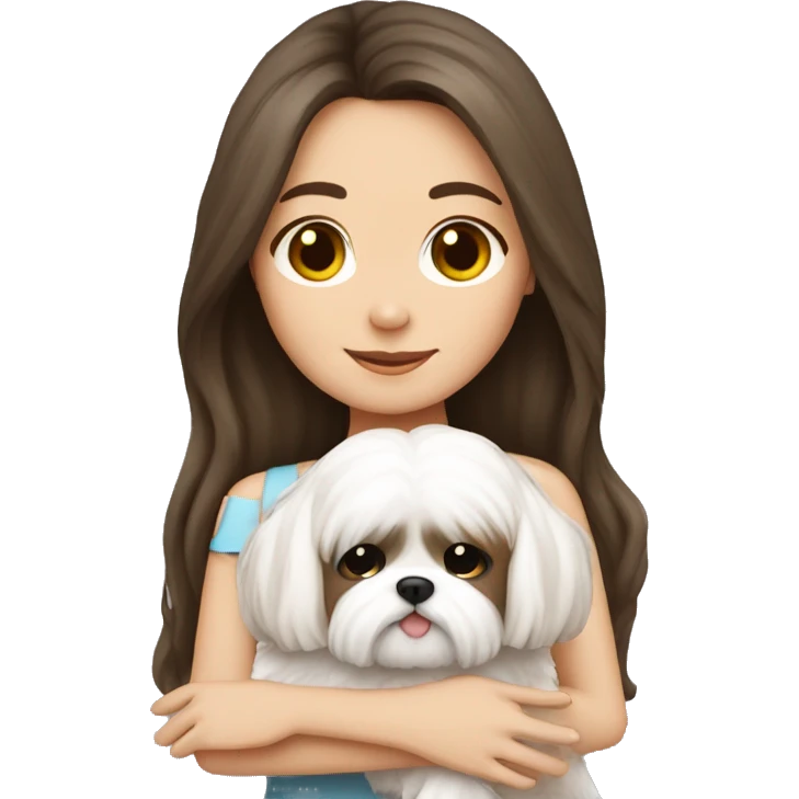 Brunette girl long hair, hugging her white Shih tzu emoji