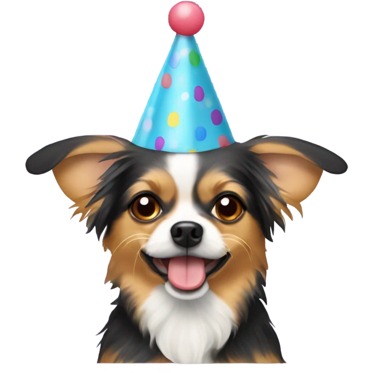 A chihuahua yorkie mix breed dog with floppy ears wearing a birthday hat emoji