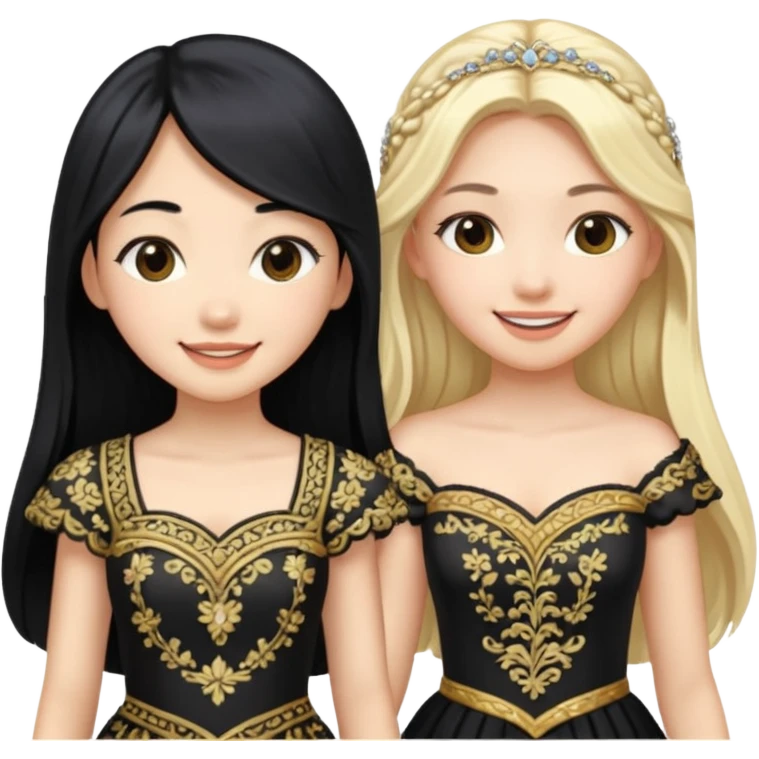 Asian girl black hair and blonde white girl dressed as princesses emoji