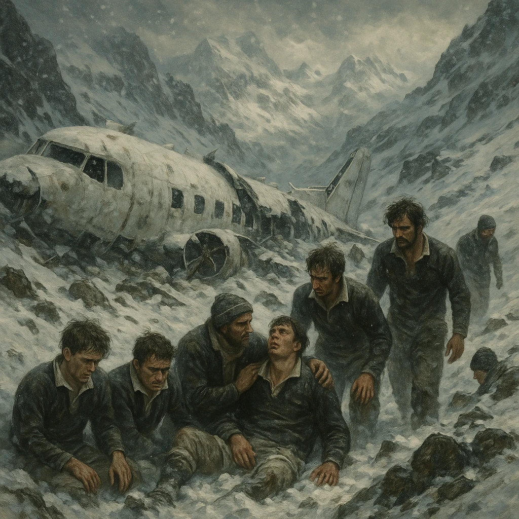 a dramatic scene of a plane crash in snowy mountains with a rugby team, inspired by the Andes survival story, with snow and rugged terrain, intense and emotional atmosphere emoji