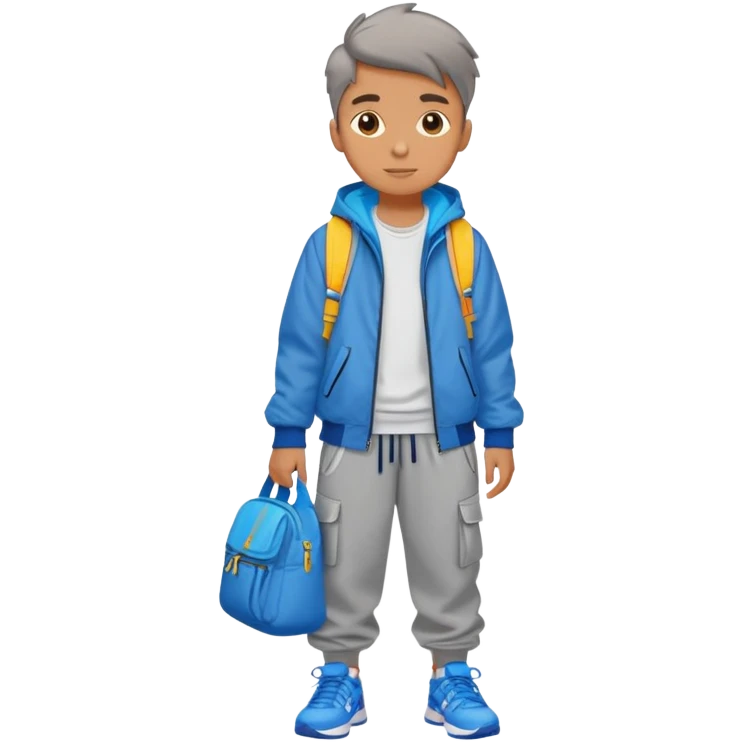 Boy wearing baggy grey joggers, colourful trainers, a blue shell jacket and a sling bag emoji