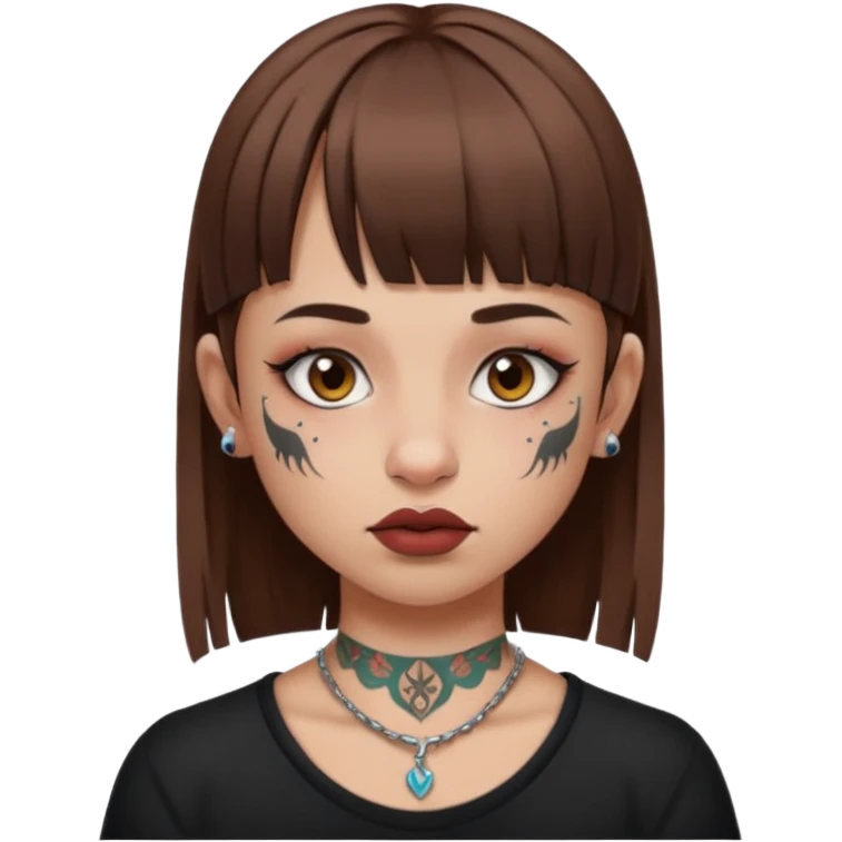 Alternative girl with straight brown hair and micro bangs and a throat tattoo emoji