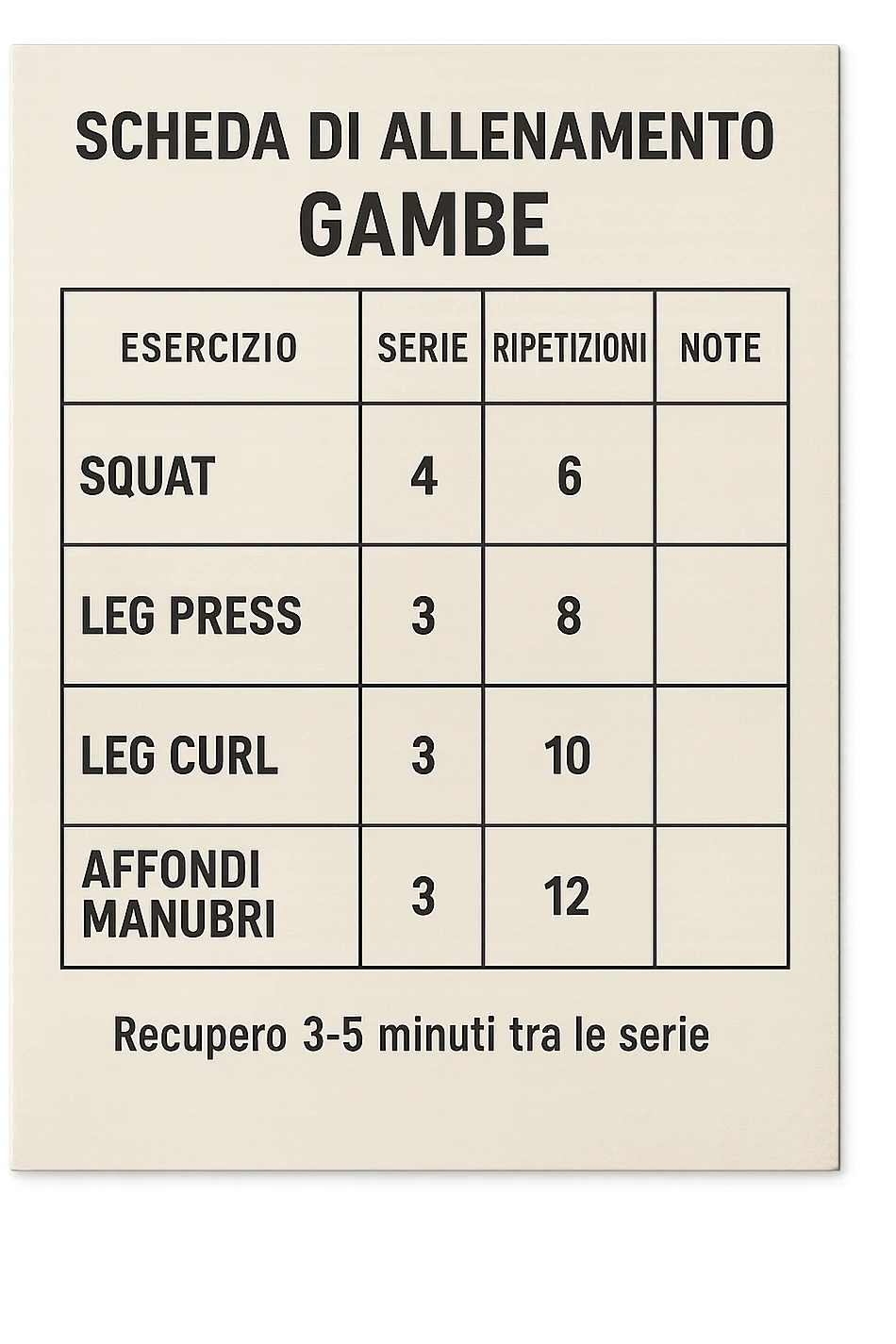 scheda di allenamento gambe in italiano che segna 3-5 minuti di recupero tra le serie, vista dall'alto, iperrealistica 4k emoji