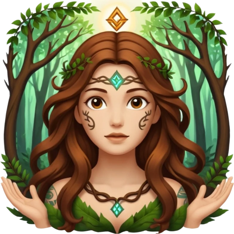 idea moment forest woman long wavy brown hair tattoos glowing rune above head emoji