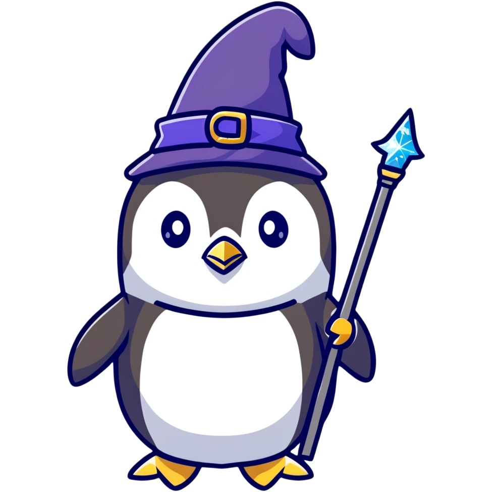 cute penguin wizard with magical sparkles, holding a magic staff emoji