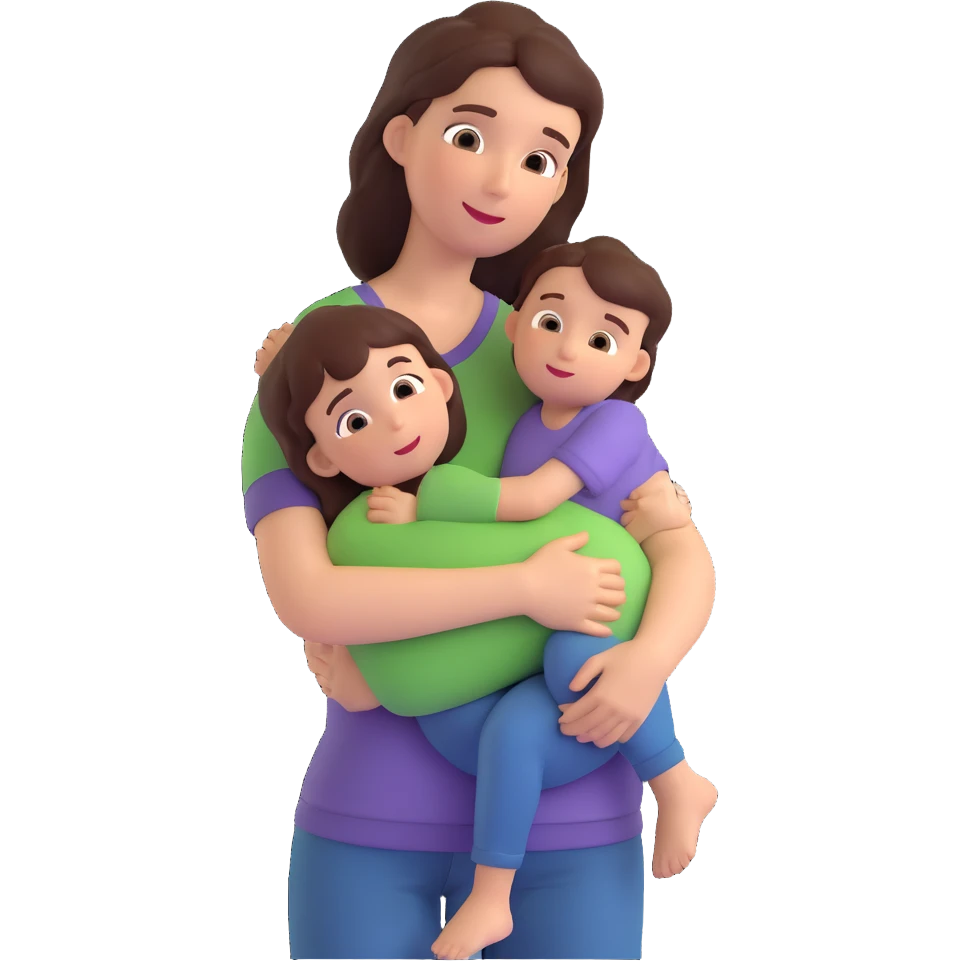 A warm and caring mother figure hugging her child, wearing casual clothes, indoors, cozy atmosphere emoji