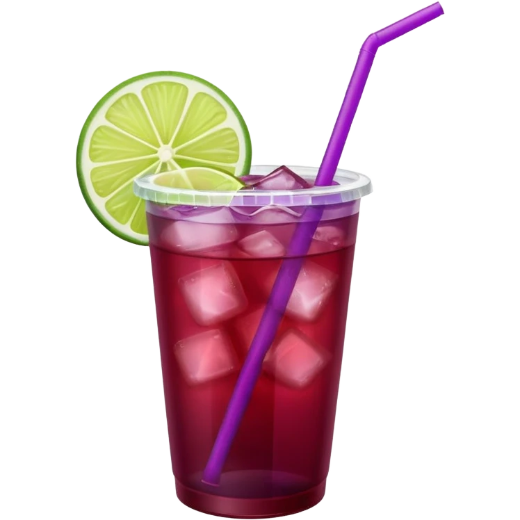 maroon purple cocktail with a lime in a plastic cup with lid and straw  emoji