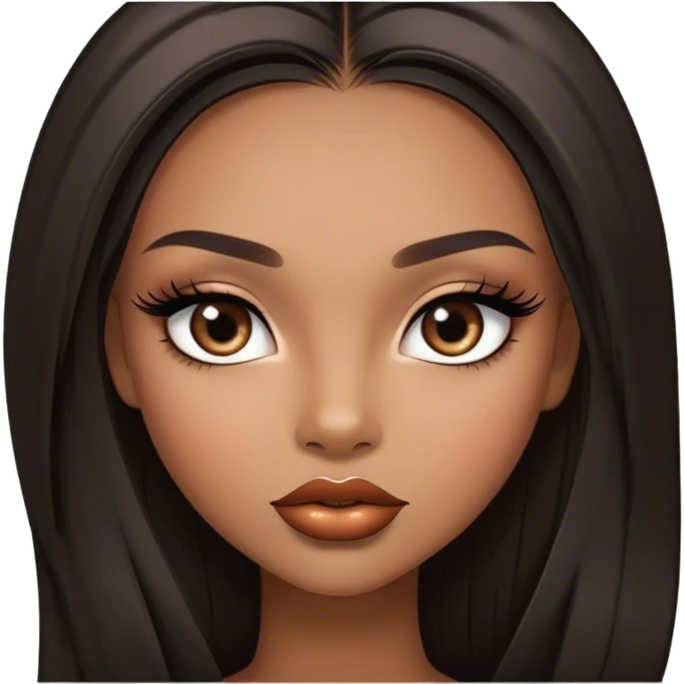 Glamourous, light brown skin tone, very beautiful girl, with big plump shiny lips, long long lashes, black straight smooth silky long hair, straight parting hair, brown eyes emoji
