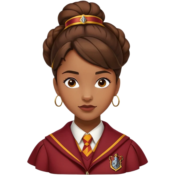 Angelina Johnson in harry potter, wear hogwarts gryfindor uniform,  thick, brown bun hair , reflecting her bold, stylish, and strong personality emoji