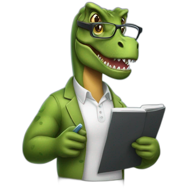 a tyrannosaurus rex therapist holding a notebook wearing glasses emoji