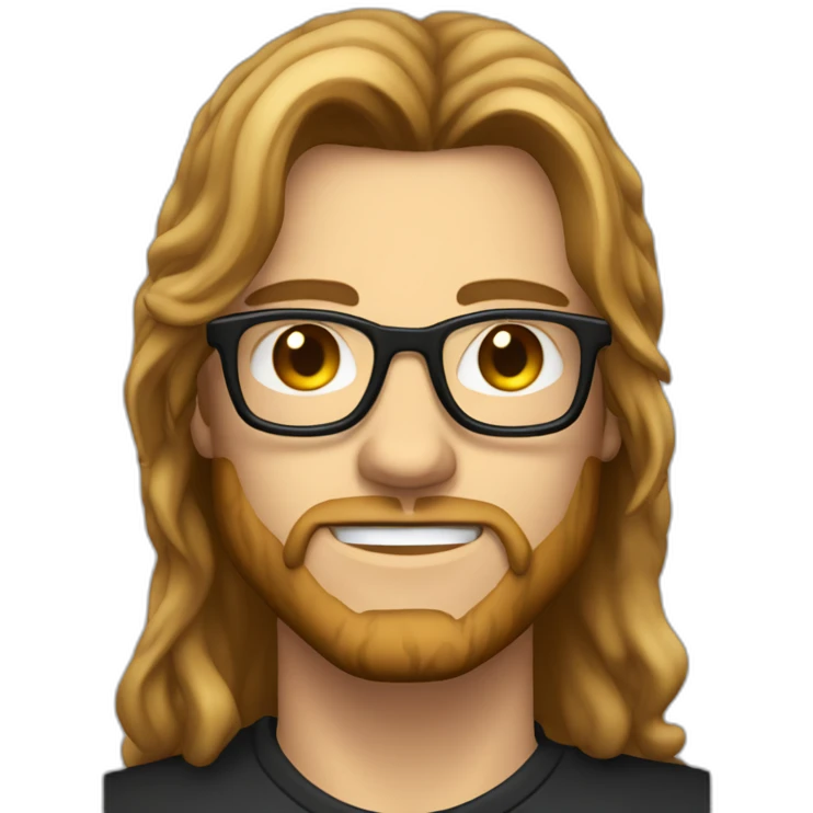 male caucausian designer with long brown hair and black rimmed glasses heavy metal emoji