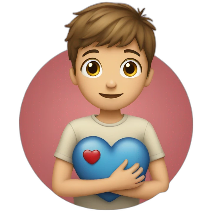 young boy hugging a heart emoji