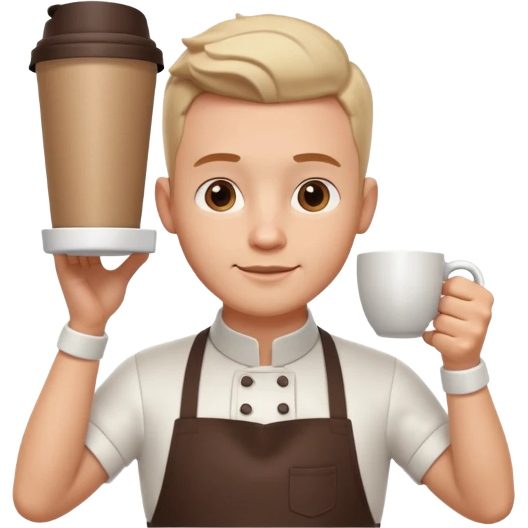 male barista portrait, head and shoulders only, wearing apron collar, holding a coffee cup, confident friendly expression, cafe worker vibe, 3D cartoon, mobile game icon style, clean background, no text, no watermark
 emoji