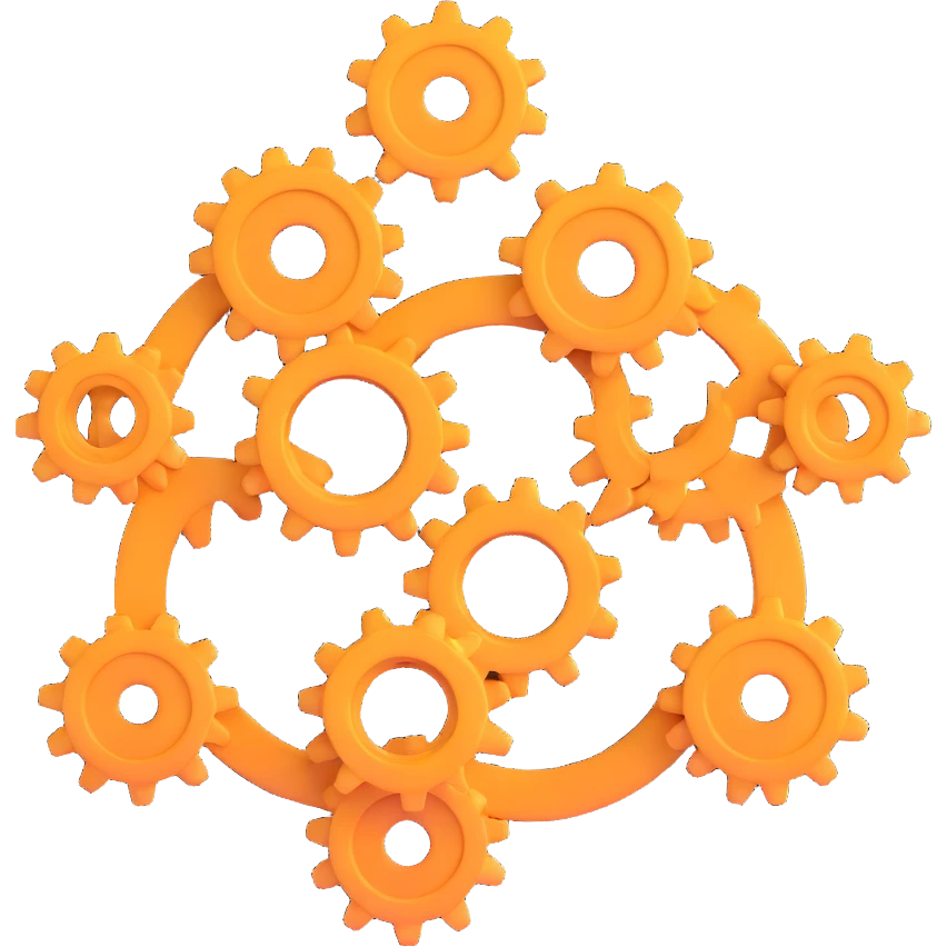 gear icon with interconnected nodes forming a workflow emoji