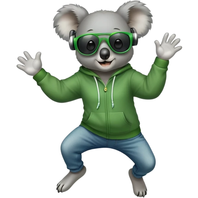anthropomorphised koala, full body, wearing a hoodie and jeans, dark sunglasses, headphones, dressed for St. Patrick's Day, jumping in a different pose emoji