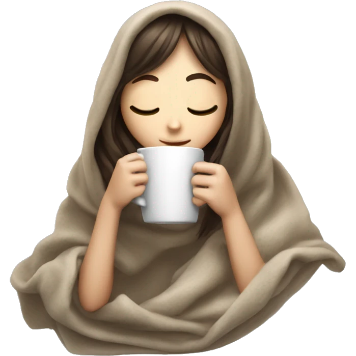 White brunette girl with bangs inside a blanket sipping coffee eyes closed emoji