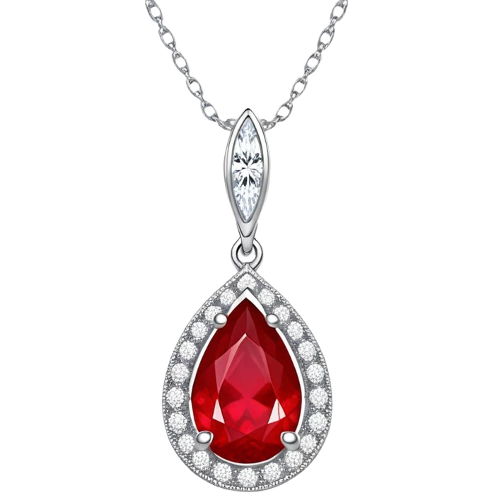 teardrop ruby pendant glowing fiery red, set in a delicate silver chain with a halo of shimmering white stones emoji