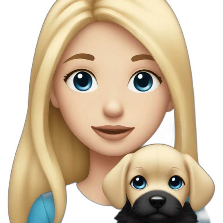 girl with straight blonde hair and blue eyes holding an entirely black fluffy puppy emoji