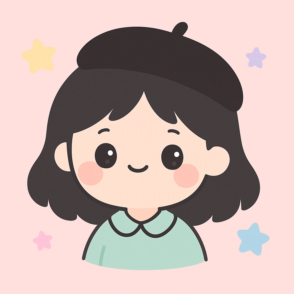 a girl with dark hair and a black beret, cute cartoon style emoji