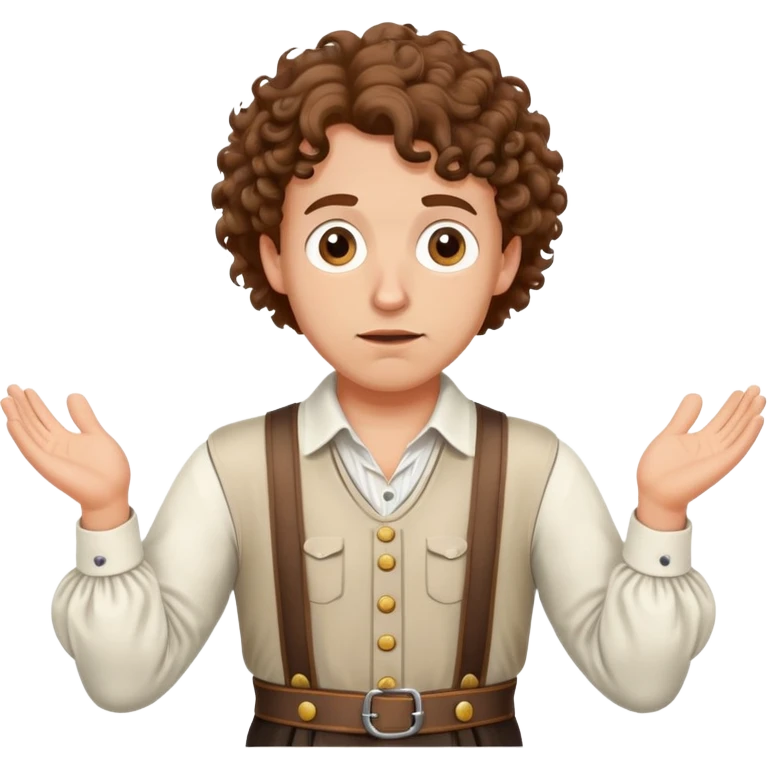 German person with brown curly hair in typical Bavarian clothing (lederhosen) shrugging and looking lost emoji