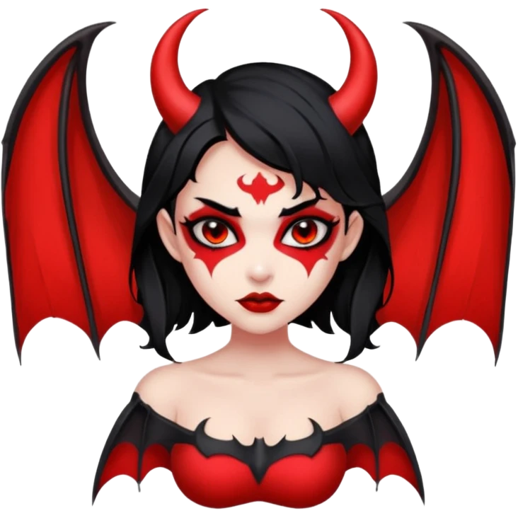 Demon girl: red skin, black hair, small horns, bat wing; tattoo-flash comic style; red/black palette; bold outlines; dark background; no text. emoji