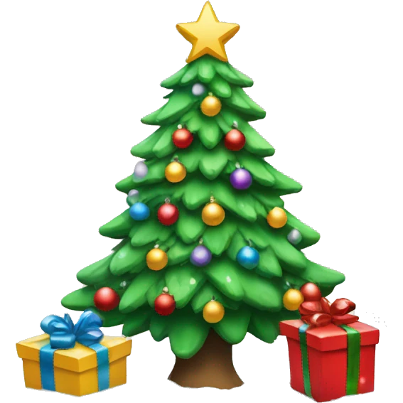 Christmas tree with snow and bobbles and presents underneath emoji