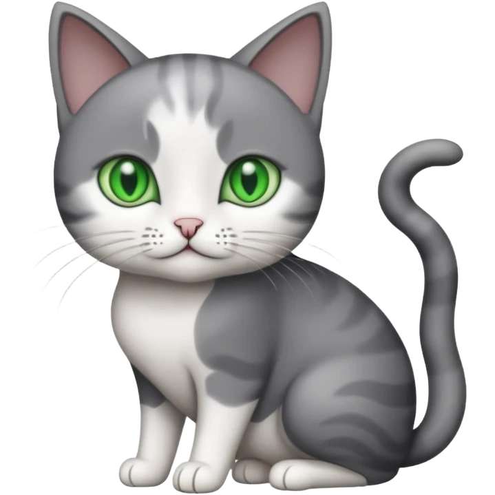 full body small short hair dark grey and white cat with green eyes emoji